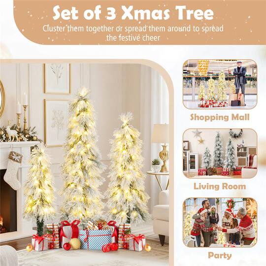 3ft., 4ft., 5ft. Pre-Lit Snow-Pressed Artificial Christmas Tree Set, Warm White LED Lights